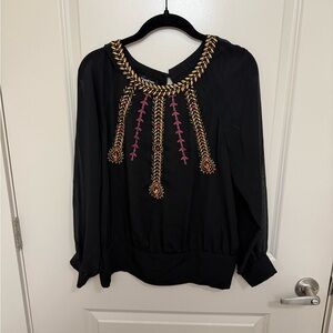 bebe Black Blouse with Gold and Pink Embroidery